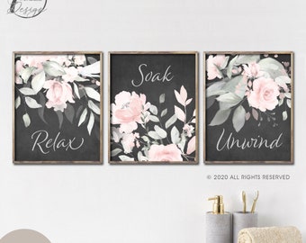 Bathroom Wall Art Prints Relax Soak Unwind Grey Pink Watercolor Flowers Feminine Art, Modern Bathroom Decor - Unframed Prints OR Canvas