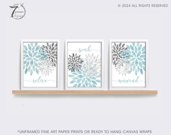 Relax Soak Unwind Flower Bursts Bathroom Art Aqua Blue Gray Watercolor Modern Decor Set of 3 UNFRAMED Fine Art paper Prints OR Canvas Wraps