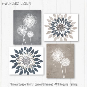 Modern Flower Bursts Dandelions Fine Art Print // Grey Beige Indigo, Neutral Cottage, Wall Art Decor, Set of (4) Unframed Prints or Canvas