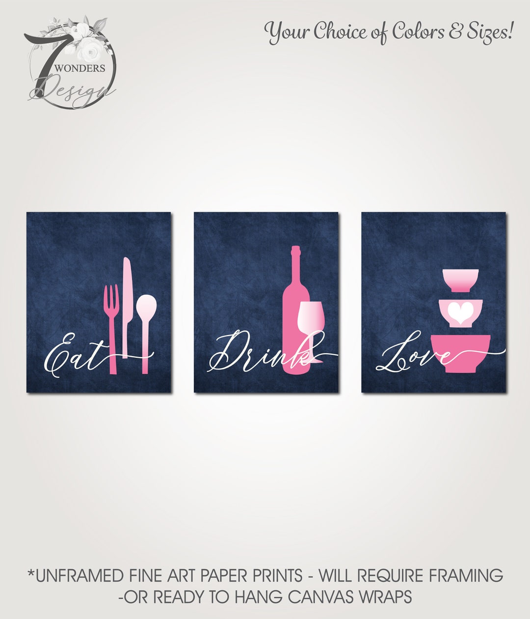 kitchen art personalized prints - utensils, cups,... Kitchen Wall Art Print Set, Eat Drink Love, Navy Pink White Utensils ...