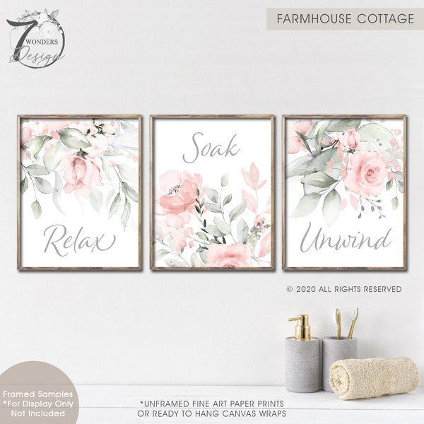 Farmhouse Watercolor Flowers Bathroom Art, Relax Soak Unwind Pink Feminine Floral, Modern Bathroom Decor Set of 3 Unframed Prints OR Canvas