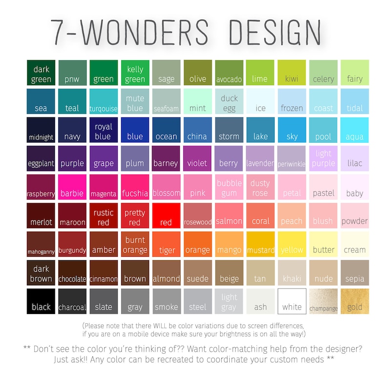 Puede incluir: Una carta de colores con 72 muestras de colores diferentes, etiquetadas con nombres como "verde oscuro", "azul verdoso", "azul real", "ciruela", "frambuesa", "merlot", "caoba", "marr&oacute;n oscuro", "negro", "salvia", "oliva", "aguacate", "lima", "kiwi", "apio", "hada", "espuma de mar", "menta", "oc&eacute;ano", "china", "barney", "violeta", "baya", "lavanda", "periwinkle", "fucsia", "flor", "rosa", "palo de rosa", "salm&oacute;n", "coral", "melocot&oacute;n", "rubor", "polvo", "&aacute;mbar", "naranja", "tigre", "naranja", "mango", "mostaza", "amarillo", "mantequilla", "crema", "almendra", "gamuza", "beige", "marr&oacute;n", "caqui", "desnudo", "sepia", "pizarra", "gris", "humo", "acero", "ceniza", "blanco", "champ&aacute;n", "oro".