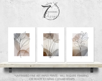 Watercolor Flower Line Art Prints Floral Neutral Botanical Gray Beige Brown Decor Minimal Set of 3 UNFRAMED Fine Art Prints OR Canvas Wraps