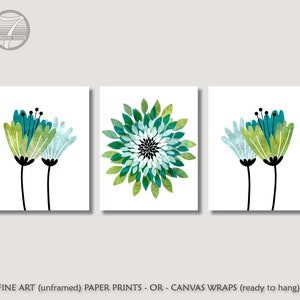 Flowers and Bursts Teal Green Black Light Blue Handmade Fine Art Print Abstract Wall Art Home Decor Set of (3) Unframed Prints or Canvas