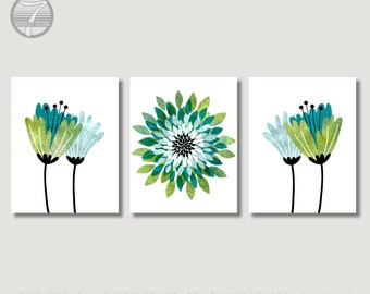 Flowers and Bursts Teal Green Black Light Blue Handmade Fine Art Print Abstract Wall Art Home Decor Set of (3) Unframed Prints or Canvas