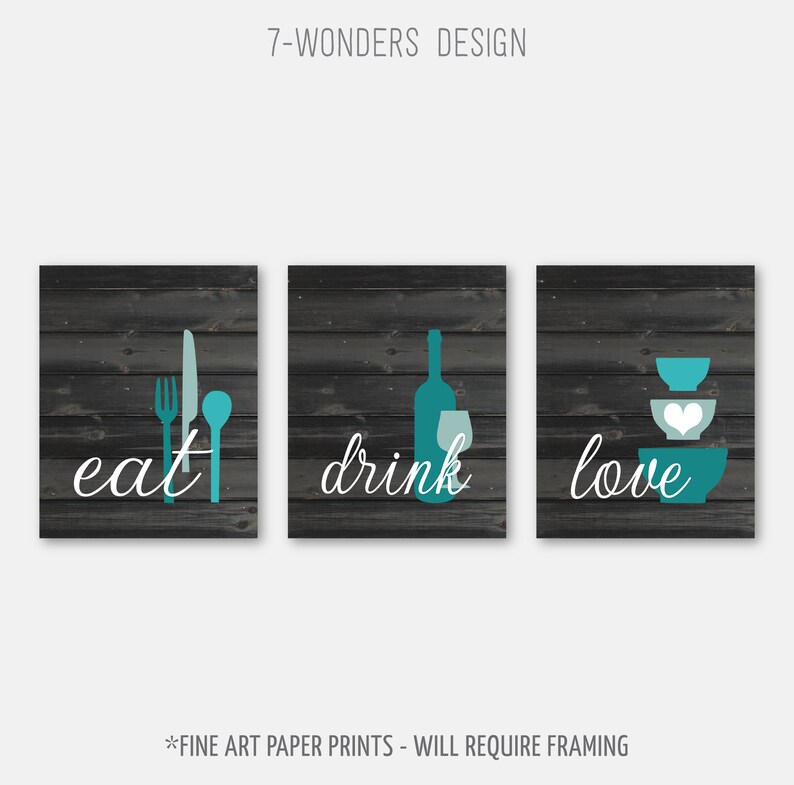 Rustic Kitchen Wall Art Prints Eat Drink Love Flower Bursts Etsy