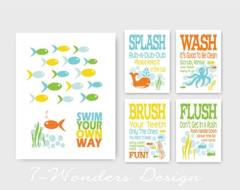 Kids Bathroom Art Prints - Swim Your Own Way, Splash, Wash, Brush, Flush Set of (5) - 11 x 14 and 5 x 7's // Childrens Fine Art -  UNFRAMED