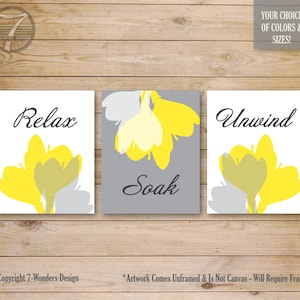 Fresh and Modern Bathroom Art - Relax Soak Unwind Abstract Yellow Botanical Floral // Yellow & Gray // set of 3 UNFRAMED Prints or Canvas