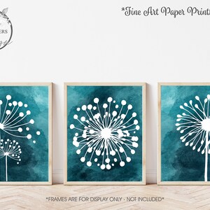 Teal Watercolor Abstract Dandelion Art Prints Modern Flower Decor Bedroom, Floral Bathroom, Home, Set of (3) Unframed Paper Prints or Canvas