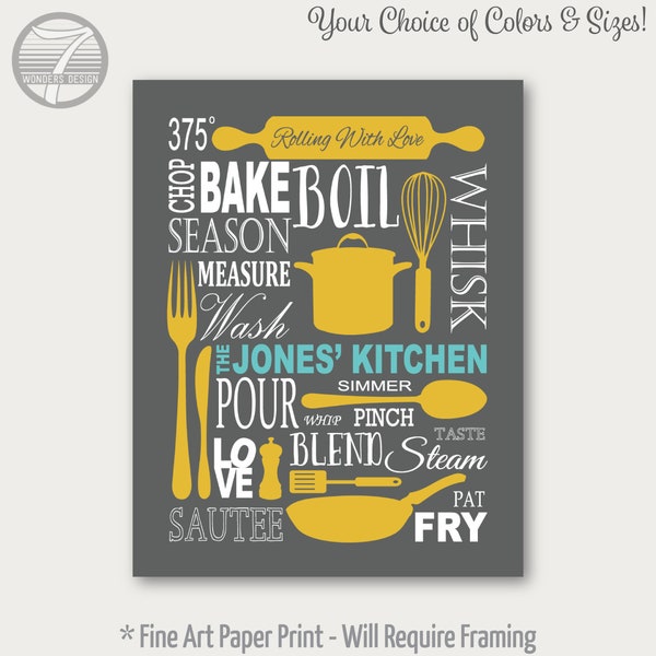 Kitchen Art Personalized Prints, Subway Typography Art, Utensils, Mustard, Charcoal, Grey Yellow // Modern Kitchen Art - Unframed Print