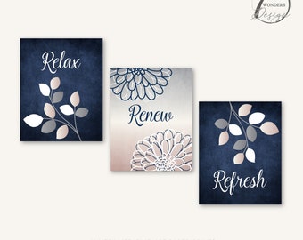 BATHROOM Wall Art Prints Navy Blue Pink Champaign Relax Renew Refresh Flowers Leaves Modern Home Decor Set of (3) Unframed Prints or Canvas