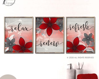 Red Maroon Gray Flowers Bathroom Art Prints, Relax Renew Refresh Grey Burgundy Modern Shower Home Decor Set of 3 Unframed Prints OR Canvas