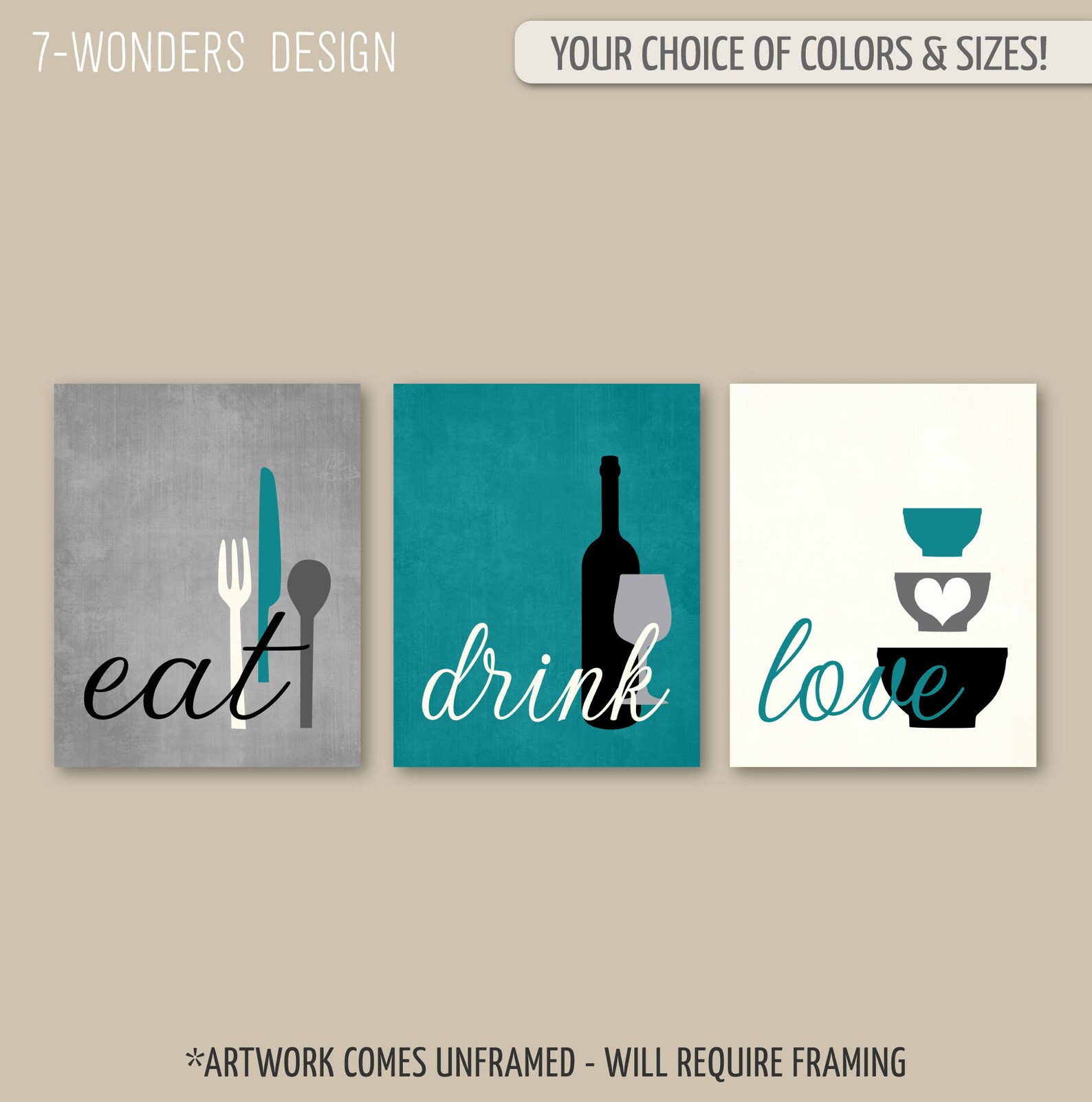 Kitchen Wall Art Print Set Eat Drink Love Teal Grey Black Etsy