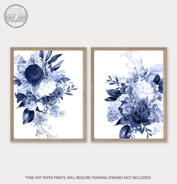 Modern Vintage Indigo Blue Flowers Fine Art Prints Farmhouse | Etsy