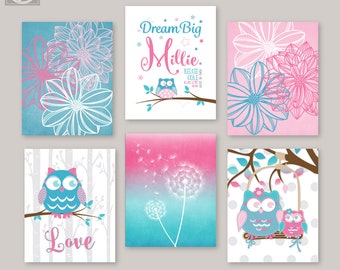 Girls Turquoise Pink Blue Owls Bedroom Art Prints Personalized Name Birth Stats, Dream Big Baby Nursery Set of (6) Unframed Prints or Canvas
