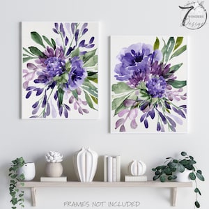 Purple Lavender Watercolor Flowers Fine Art Prints, Farmhouse Cottage Floral Wall Art Home Decor, Set of (2) UNFRAMED Paper Prints or Canvas