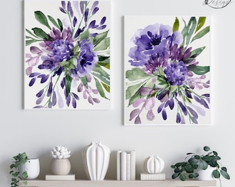 Purple Lavender Watercolor Flowers Fine Art Prints, Farmhouse Cottage Floral Wall Art Home Decor, Set of (2) UNFRAMED Paper Prints or Canvas