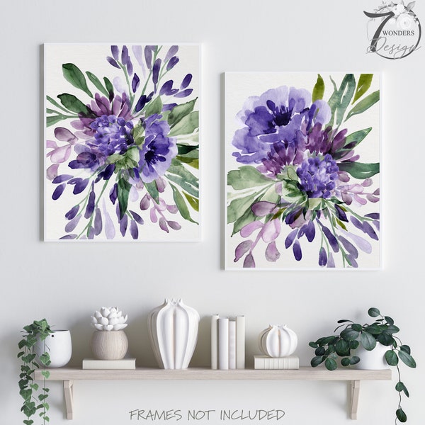 Purple Lavender Watercolor Flowers Fine Art Prints, Farmhouse Cottage Floral Wall Art Home Decor, Set of (2) UNFRAMED Paper Prints or Canvas