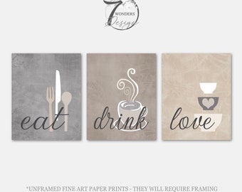 Kitchen Wall Art Print Set, Eat Drink Love, Coffee Neutral Grey Beige Tan Cream Modern Farmhouse Decor Set of (3) Unframed Prints or Canvas