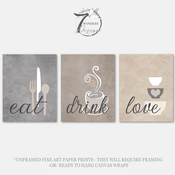 Kitchen Wall Art Print Set, Eat Drink Love, Coffee Neutral Grey Beige Tan Cream Modern Farmhouse Decor Set of (3) Unframed Prints or Canvas