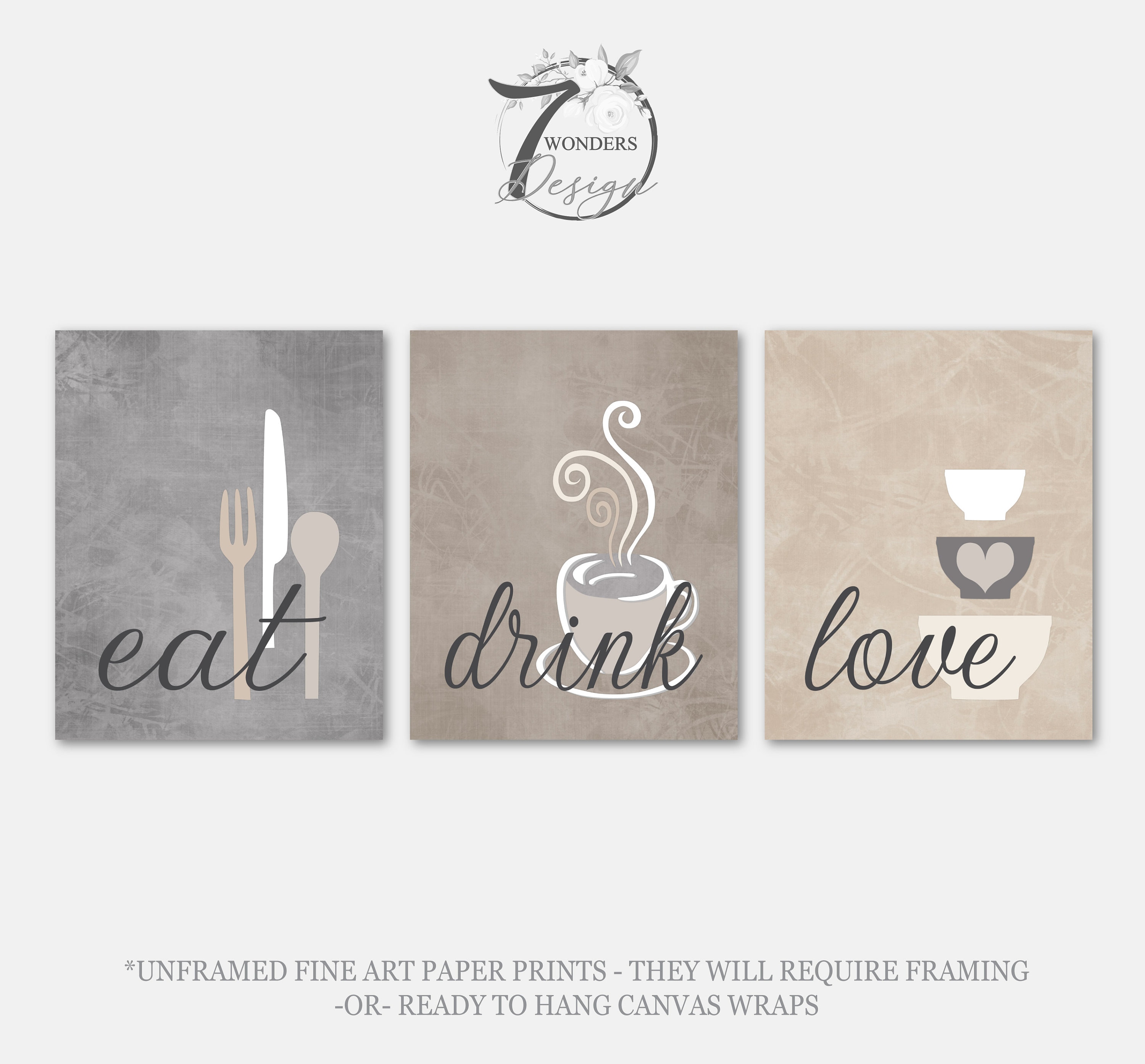 kitchen print, coffee & cake | kitchen prints, wall... Kitchen Wall Art Print Set, Eat Drink Love, Coffee Neutral Grey Beige ...