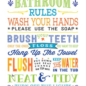 K&ouml;nnte beinhalten: Ein farbenfrohes Badezimmer-Regelschild mit Text in verschiedenen Schriftarten und Farben. Das Schild enth&auml;lt Anweisungen wie "H&auml;nde waschen", "Z&auml;hne putzen" und "Licht ausmachen".