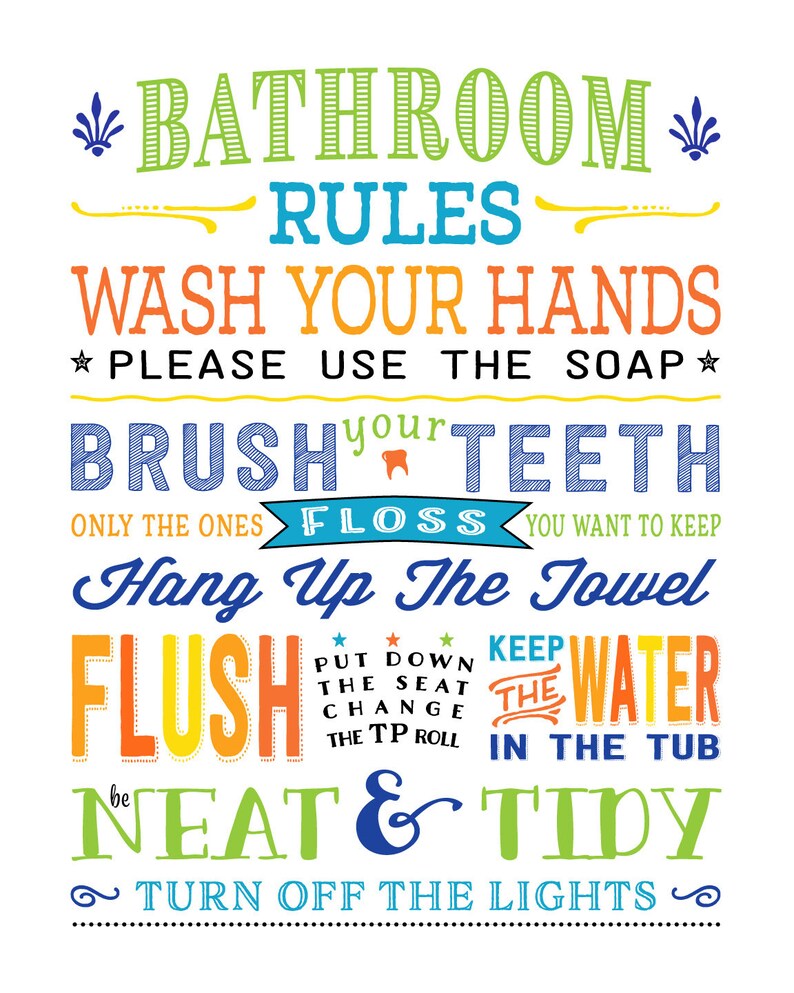 K&ouml;nnte beinhalten: Ein farbenfrohes Badezimmer-Regelschild mit Text in verschiedenen Schriftarten und Farben. Das Schild enth&auml;lt Anweisungen wie "H&auml;nde waschen", "Z&auml;hne putzen" und "Licht ausmachen".