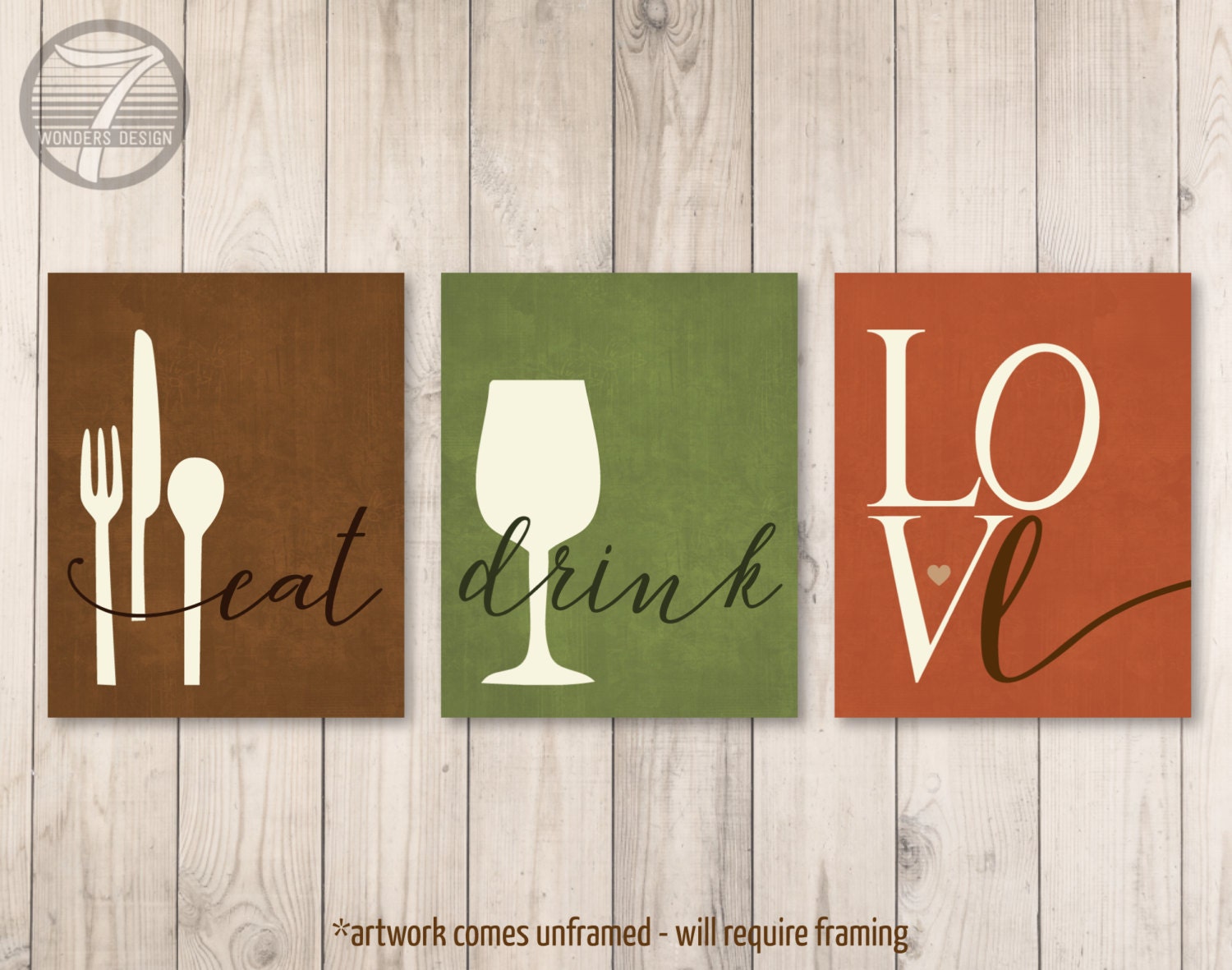 Kitchen Wall Art Print Set Eat Drink Love Utensils Wine // Etsy