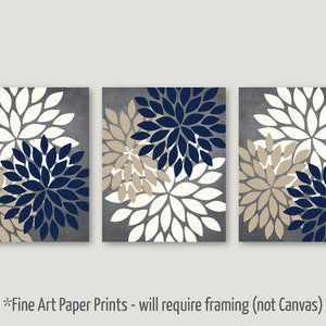 Kitchen Wall Art Print Set, Eat Drink Love, Flower Bursts, Navy Gray Tan Cream, Modern Decor, Set of 6 Unframed Paper Prints or Canvas image 3