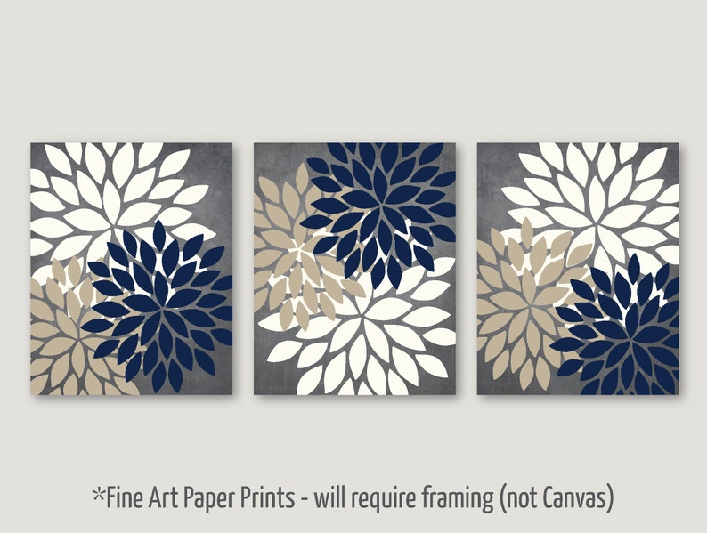 Kitchen Wall Art Print Set, Eat Drink Love, Flower Bursts, Navy Gray Tan Cream, Modern Decor, Set of 6 Unframed Paper Prints or Canvas image 3