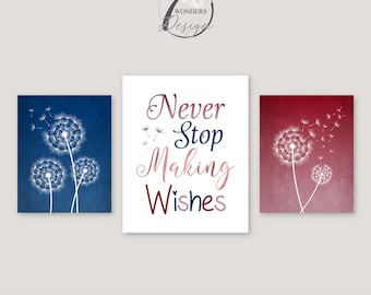 Teen Girls Dandelion Never Stop Making Wishes Art Prints, Blue Burgundy Blush Dusty Rose Bedroom Set of (3) UNFRAMED Prints or Canvas Wraps