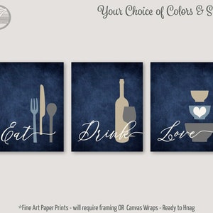 Kitchen Wall Art Set Eat Drink Love Utensils Wine Bowls Navy Blue Gray Tan Cream Set of (3) UNFRAMED Fine Art Paper Prints OR Canvas Wraps