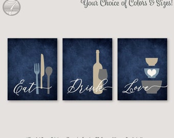 Kitchen Wall Art Set Eat Drink Love Utensils Wine Bowls Navy Blue Gray Tan Cream Set of (3) UNFRAMED Fine Art Paper Prints OR Canvas Wraps