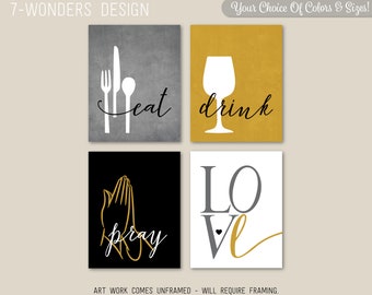 Modern Kitchen Wall Art Prints - Eat Drink Pray Love, Mustard Grey Black White, Utensils Praying Hands Set of (4) Unframed Prints or Canvas