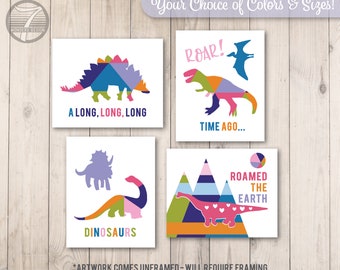 Girls Nursery Bedroom Dinosaur Wall Art Print Pink Purple Blue, Dinosaur Art Girls Toddler Set of (4) Unframed Prints or Canvas