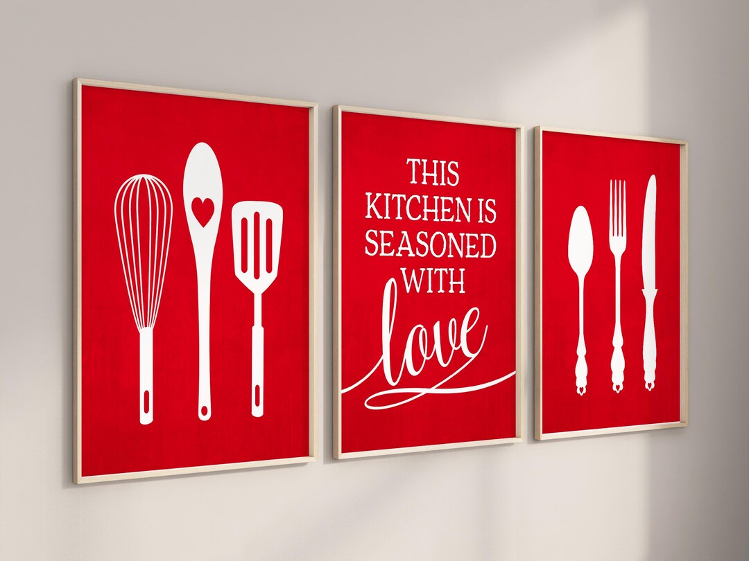 kitchen art personalized prints - utensils, cups,... Kitchen Wall Art Print Set of 3, This Kitchen is Seasoned With Love ...