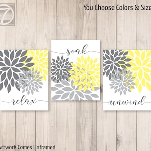 Relax Soak Unwind Abstract Floral Bursts Bathroom Art Prints Soft Yellow, Gray, Modern Bathroom Decor Set of (3) UNFRAMED Prints or Canvas