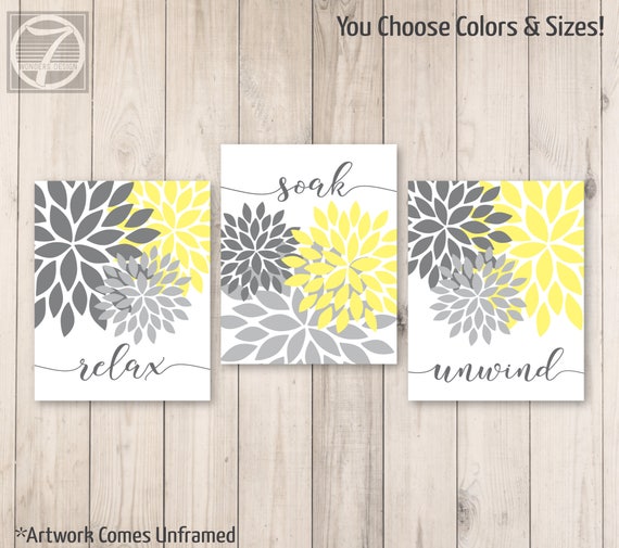 Relax Soak Unwind Abstract Floral Bursts Bathroom Art Prints Soft Yellow, Gray, Modern Bathroom Decor Set of (3) UNFRAMED Prints or Canvas