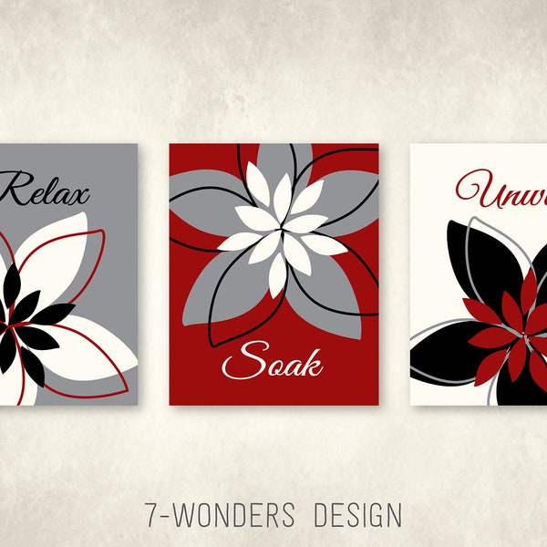 Bathroom Art Prints Relax Soak Unwind Abstract Floral Rustic Red, Grey, Black, Cream, Modern Decor Set of (3) Unframed Prints or Canvas