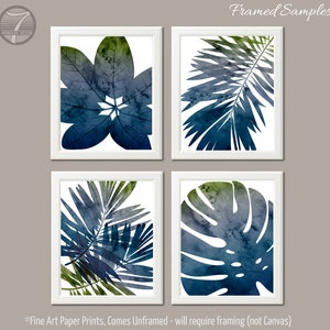 Navy Green Art Prints, Watercolor Palms Tropical Leaves Monstera Artwork, Bedroom Bathroom Living Room, Set of (4) Unframed Prints or Canvas