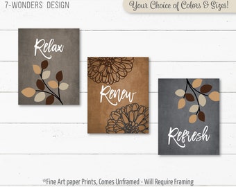 Dark Brown amd Beige BATHROOM Wall Art, Relax Renew Refresh, Flowers Leaves, Neutral Bathroom Decor, Set of (3) Unframed Prints or Canvas