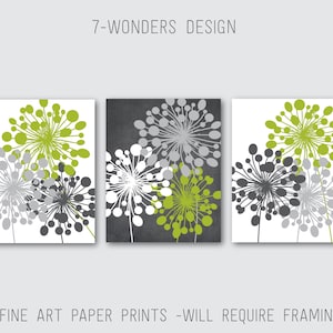 Abstract Floral Dandelion Art Prints Charcoal Grey Lime Modern Flower Home Wall Art Decor Set of (3) Unframed Paper Prints or Canvas