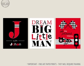 Boys Dream Big Little Man, Race Car Theme Wall Art Personalized Prints, Black Red White, Boys Bedroom, Set of (3) many sizes UNFRAMED Prints