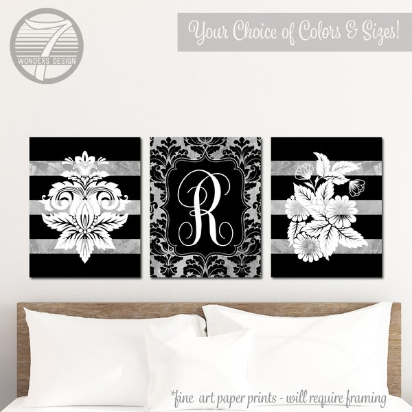 Damask Floral Black Gray White, Personalized Couples Initial Monogram Art, Family Home Decor Artwork, set of 3 UNFRAMED Prints or Canvas