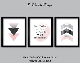 Girls Teens Blush Pink Black Modern Art Prints, She Needed a Hero Quote, Abstract Dorm Bedroom Decor, Set of 3 UNFRAMED Prints or Canvas