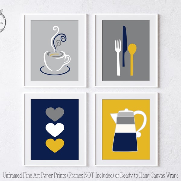 Modern Kitchen Art Prints, Coffee Theme Utensils Hearts, Navy Mustard Grey White Kitchen Artwork, Set of (4) UNFRAMED Prints or Canvas wRAPS