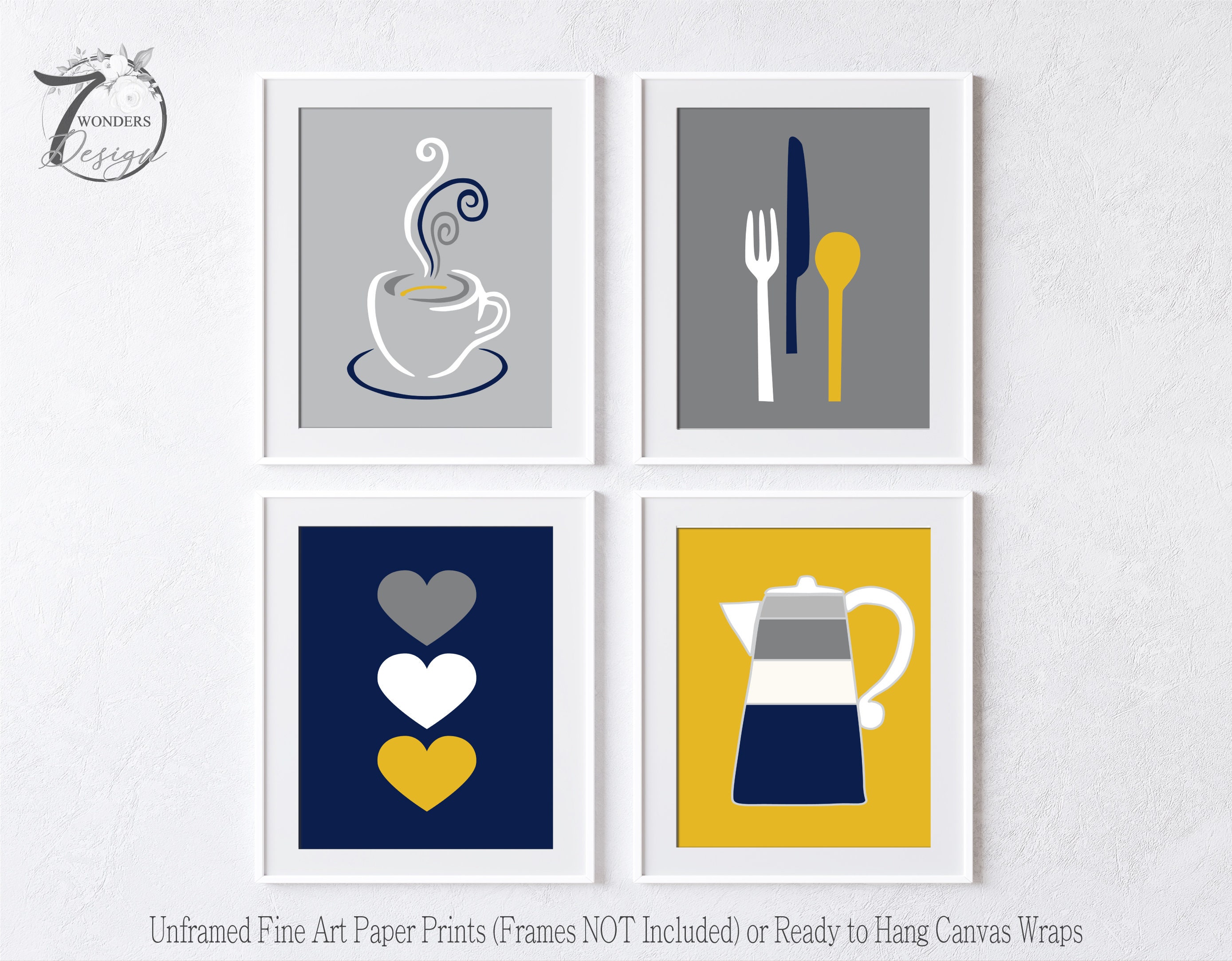 kitchen art personalized prints - utensils, cups,... Modern Kitchen Art Prints, Coffee Theme Utensils Hearts, Navy Mustard ...