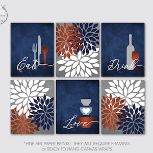 Kitchen Wall Art Print Set, Eat Drink Love, Flower Bursts, Navy Gray Burnt Cream, Modern Decor, Set of (6)  Unframed Paper Prints or Canvas