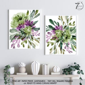 Green Lavender Watercolor Flowers Fine Art Prints, Farmhouse Cottage Floral Wall Art Home Decor, Set of (2) UNFRAMED Paper Prints or Canvas