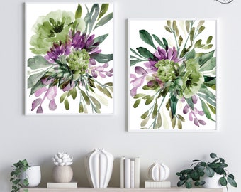 Green Lavender Watercolor Flowers Fine Art Prints, Farmhouse Cottage Floral Wall Art Home Decor, Set of (2) UNFRAMED Paper Prints or Canvas